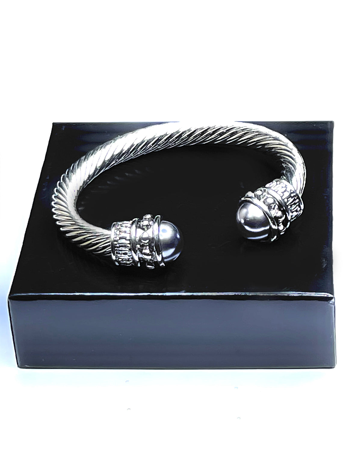 Woke Creations Grand Silver Plated Bangle Bracelet with Faux Onyx