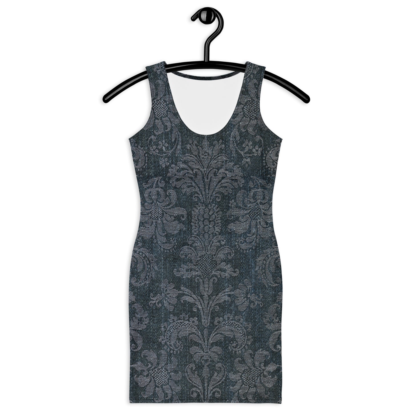 Dress shown on hanger. Woke creations sleeveless damask print dark denim stretch dress.