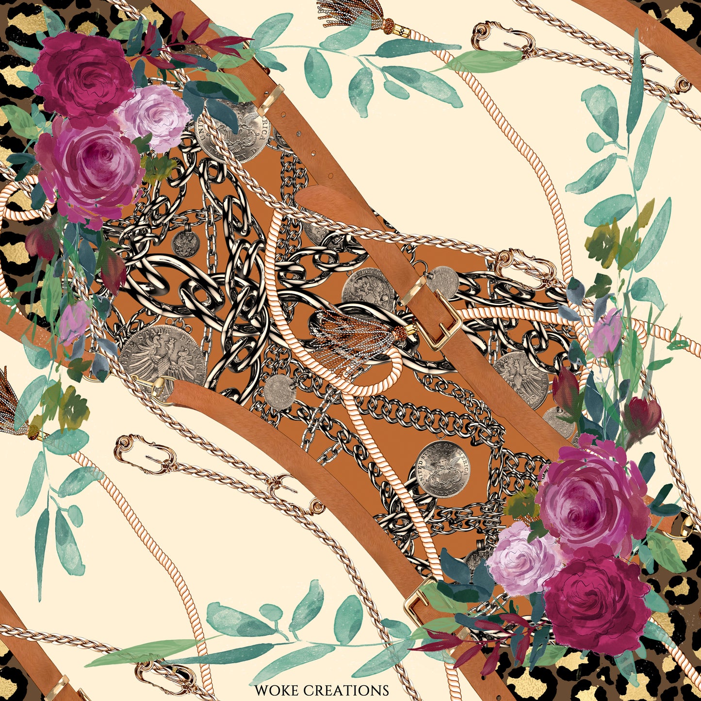 Woke Creations Custom Designed Floral Leopard Print in Chains Scarf