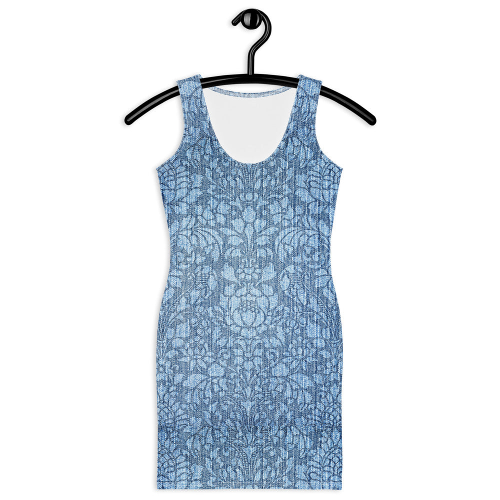 Faux Dark Denim Damask Stretch Tank Dress from Woke Creations