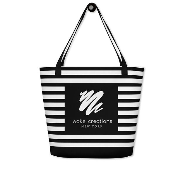 Woke Creations Signature Bottomless Beach Bag in Black and White
