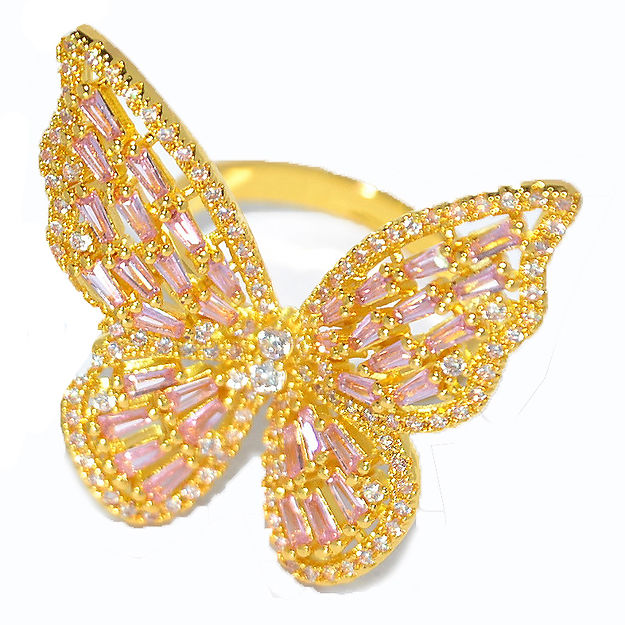 Glistening celebrity style gold butterfly statement ring full of sparkling pink cubic zirconium baguette stones.