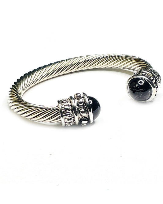 Woke Creations Grand Silver Plated Bangle Bracelet with Faux Onyx