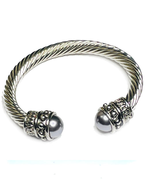 Woke Creations Grand Silver Plated Bangle Bracelet with Black Pearl