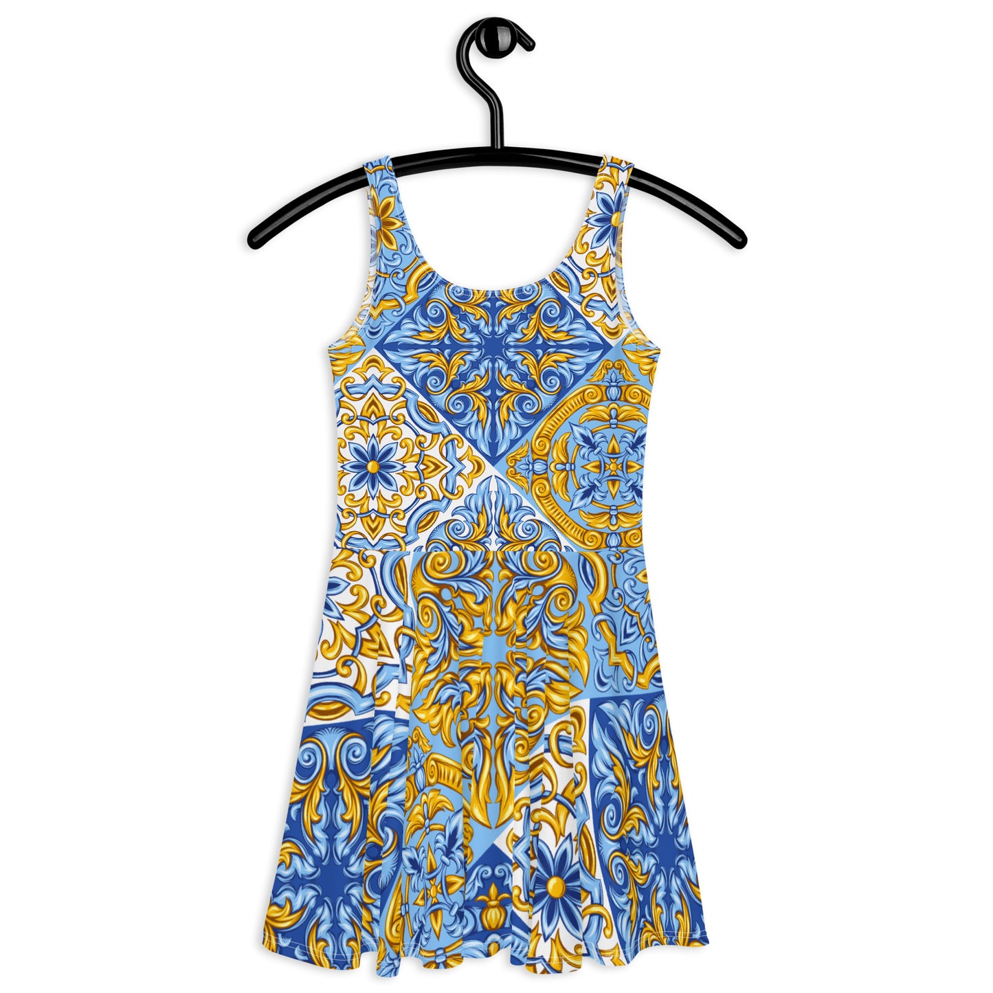 Scarf Print Bodycon Swing Dress by Woke Creations Blue and Gold