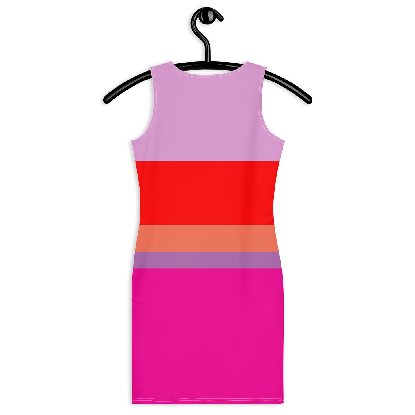 Vibrant multi color fucshia, orange, red and lavender sleeveless striped tank dress photographed from the rear on hanger.