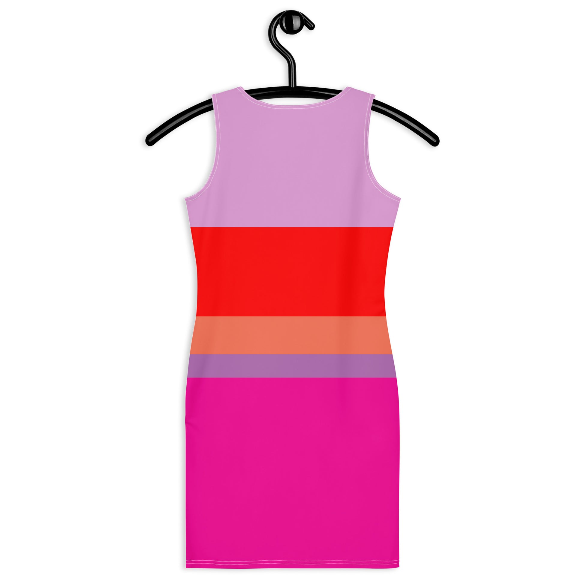 Vibrant multi color fucshia, orange, red and lavender sleeveless striped tank dress photographed from the rear on hanger.