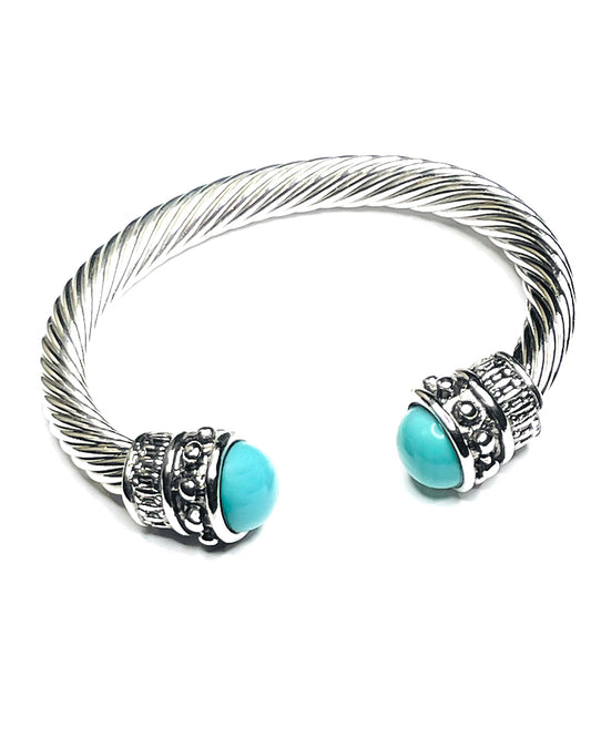 Woke Creations Grand Silver Plated Twisted Cable Bangle Cuff Bracelet with Statement Turquoise