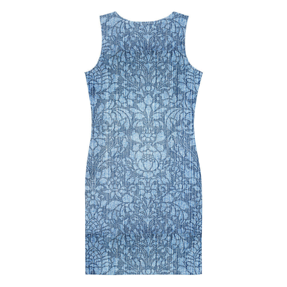 Woke Creations sleeveless damask print light denim stretch dress show from the rear.