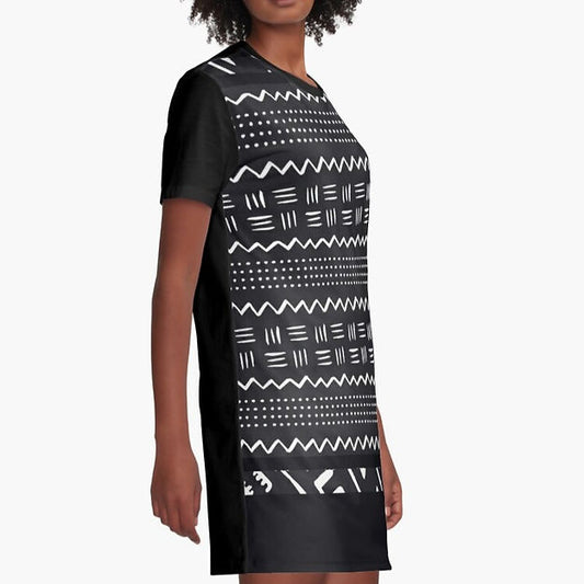 This is a striking black and white culture print t-shirt dress with solid black hem, back and short sleeves.