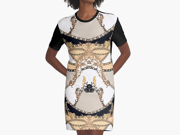 Women's short sleeve scarf print t-shirt dress in neutral tones mixed with solid black short sleeves and back panel.