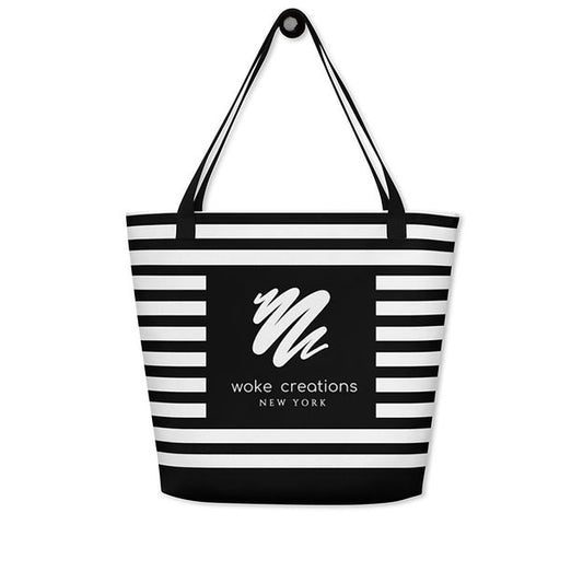 Woke Creations Signature Bottomless Beach Bag in Black and White