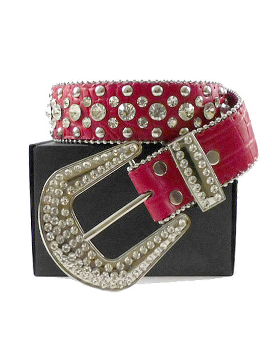 Woke Creations Rhinestone Celebrity Bling Vegan Leather Belt Red