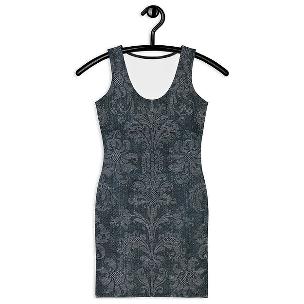 Faux Dark Denim Damask Stretch Tank Dress from Woke Creations