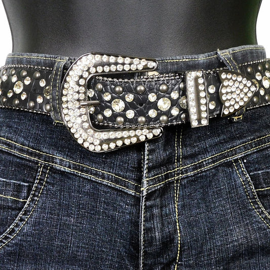 Woke Creations Rhinestone Celebrity Bling Vegan Leather Belt Black