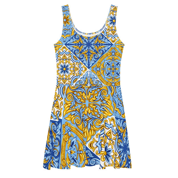 Scarf Print Bodycon Swing Dress by Woke Creations Blue and Gold