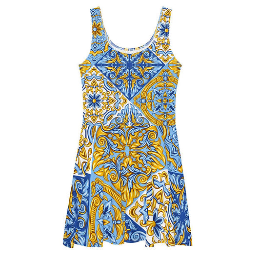 Scarf Print Bodycon Swing Dress by Woke Creations Blue and Gold