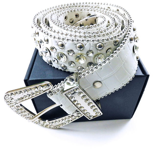 Woke Creations Rhinestone Celebrity Bling Vegan Leather Belt White