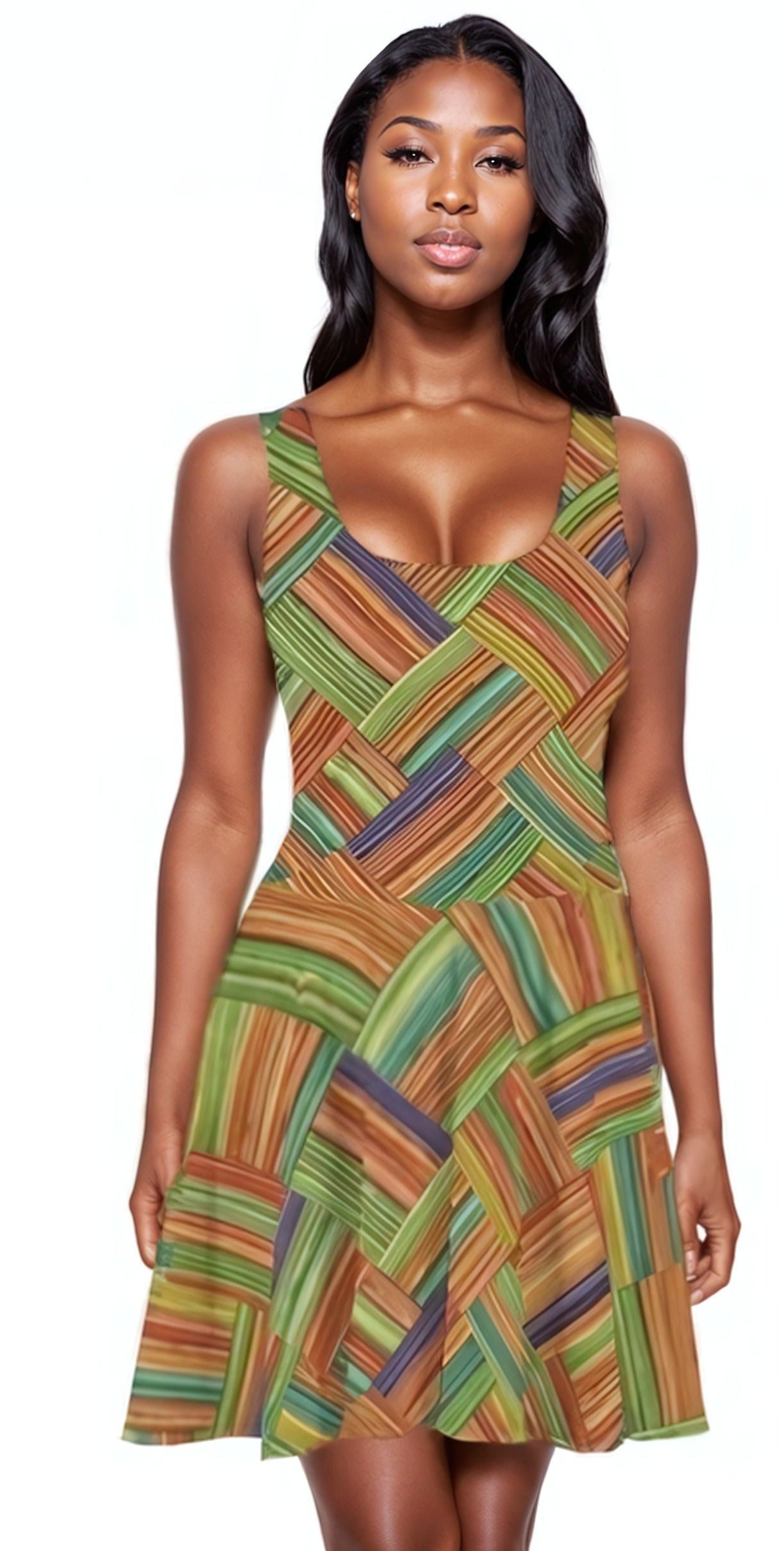 Sleeveless tank style skater dress in vibrant cross hatch colors. Stretchy fabric graces curves.