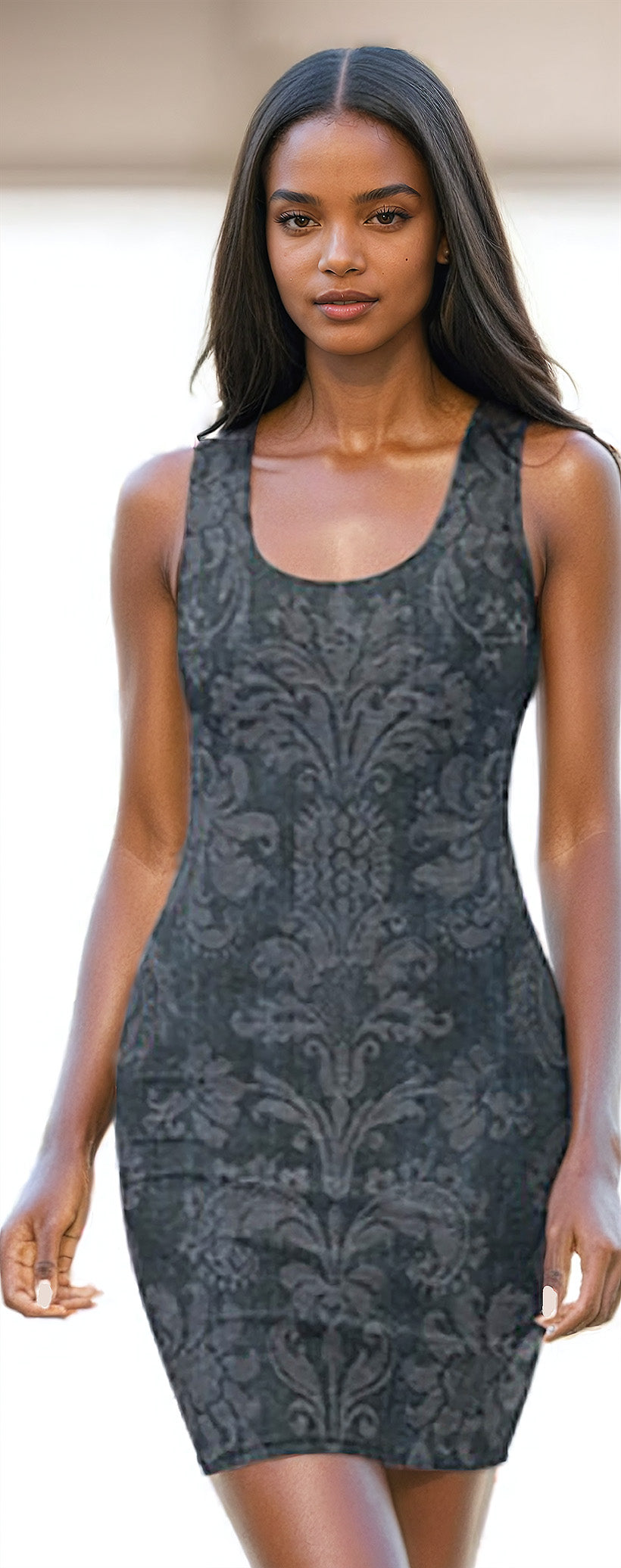 Faux Dark Denim Damask Stretch Tank Dress from Woke Creations