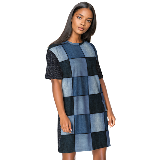 Stretch Denim Patchwork T-Shirt Dress
