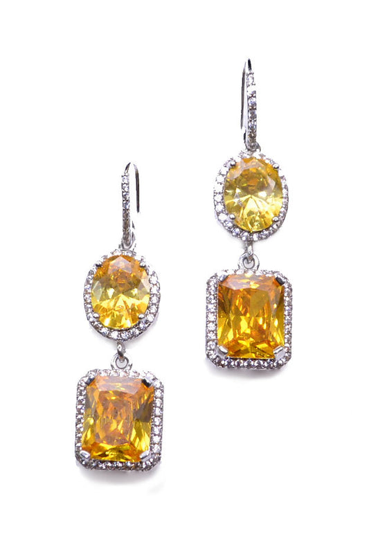 Drop and dangle double stone earrings with fish hook clasp and yellow stones surrounded by white stones. Fashion jewelry.