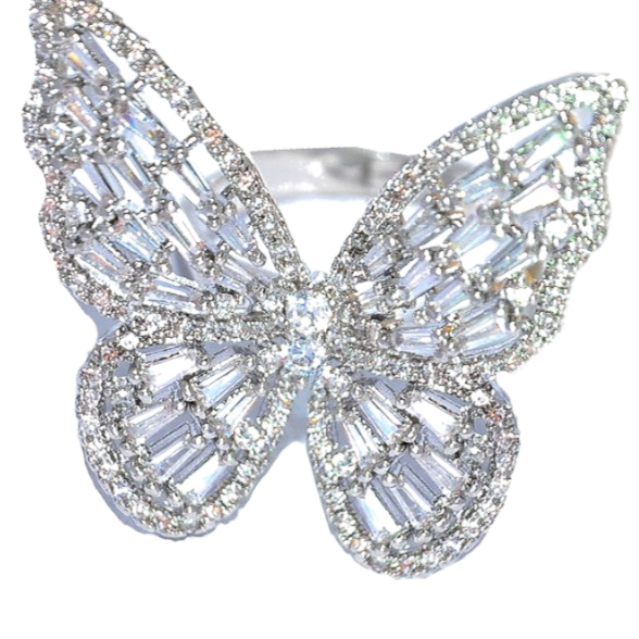 Glistening celebrity style platinum butterfly statement ring full of sparkling white cubic zirconium baguette stones.