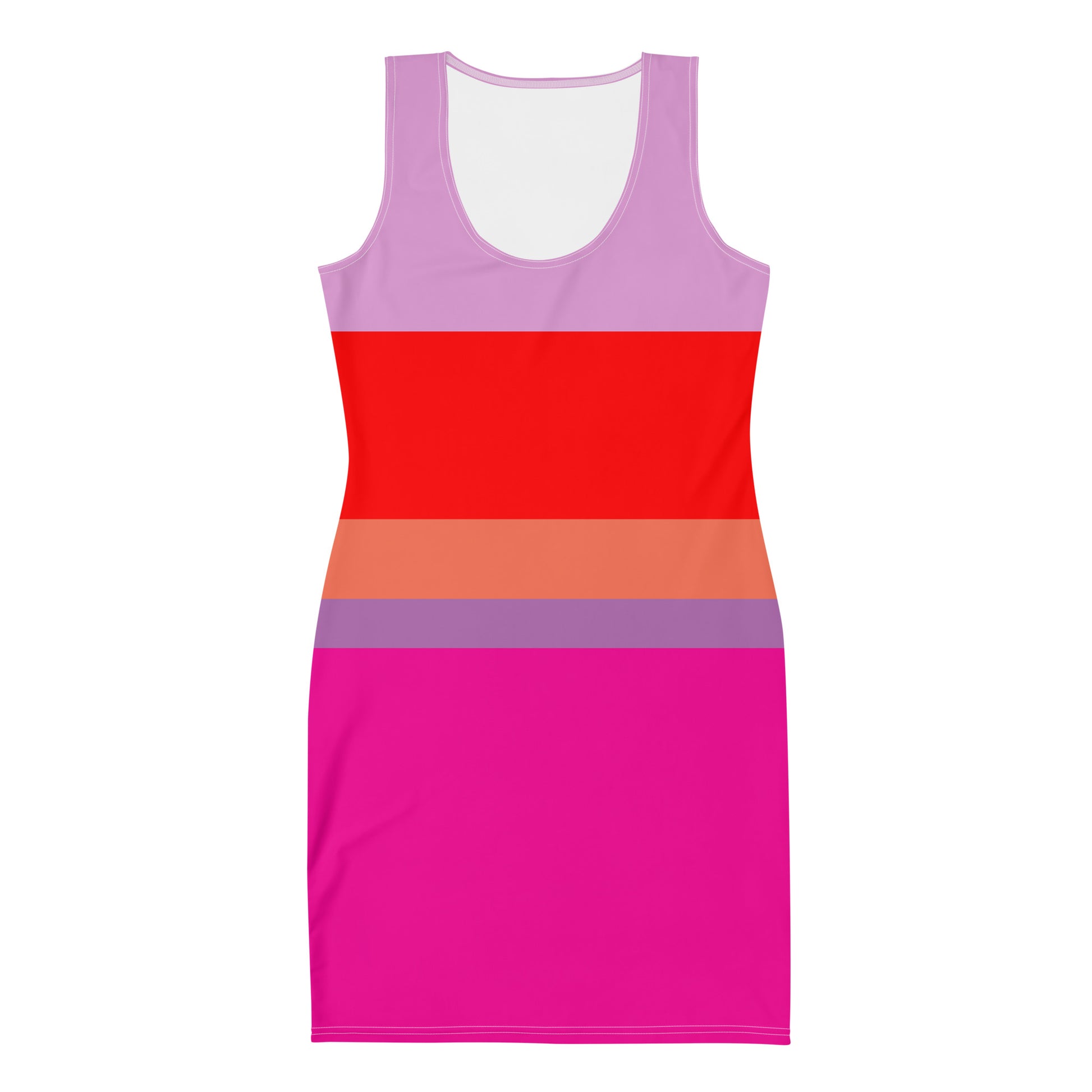 Bright fuchsia, orange, red and purple striped sleeveless dress from woke creations. Stripes are various widths.